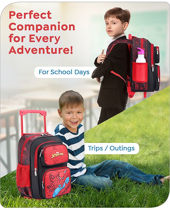 Babyhug Marvel Avengers Spiderman Trolley Backpack|2 Compartments,2 Front Pockets,2 side Bottle Pockets|Water Resistant|Long lasting & Durable Zippers | For School & Outdoors|Red Black- 15.8 inches