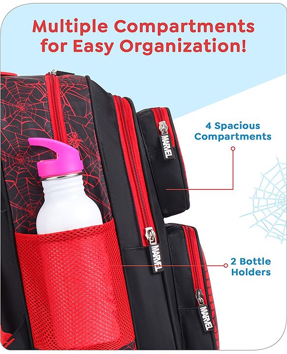 Babyhug Marvel Avengers Spiderman Trolley Backpack|2 Compartments,2 Front Pockets,2 side Bottle Pockets|Water Resistant|Long lasting & Durable Zippers | For School & Outdoors|Red Black- 15.8 inches