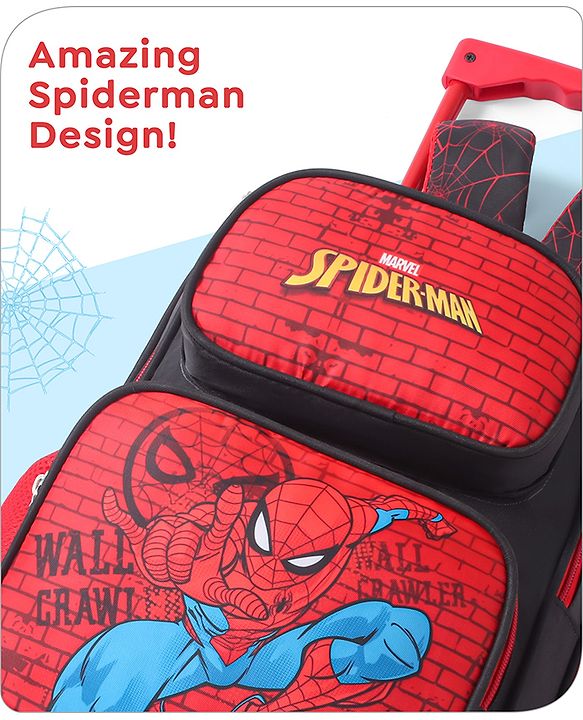 Babyhug Marvel Avengers Spiderman Trolley Backpack|2 Compartments,2 Front Pockets,2 side Bottle Pockets|Water Resistant|Long lasting & Durable Zippers | For School & Outdoors|Red Black- 15.8 inches