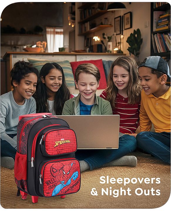 Babyhug Marvel Avengers Spiderman Trolley Backpack|2 Compartments,2 Front Pockets,2 side Bottle Pockets|Water Resistant|Long lasting & Durable Zippers | For School & Outdoors|Red Black- 15.8 inches
