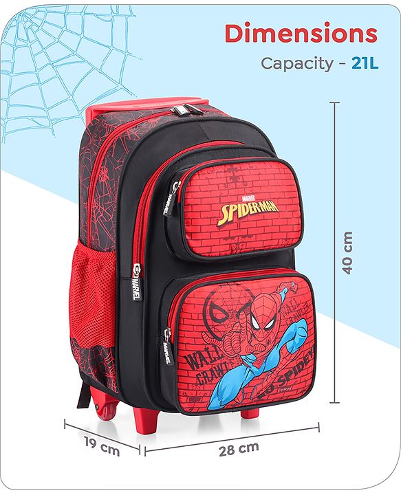 Babyhug Marvel Avengers Spiderman Trolley Backpack|2 Compartments,2 Front Pockets,2 side Bottle Pockets|Water Resistant|Long lasting & Durable Zippers | For School & Outdoors|Red Black- 15.8 inches