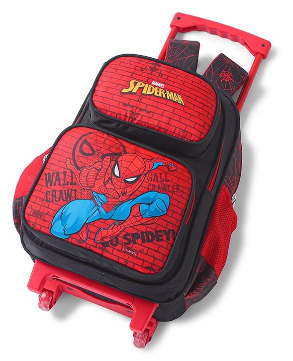 Babyhug Marvel Avengers Spiderman Trolley Backpack|2 Compartments,2 Front Pockets,2 side Bottle Pockets|Water Resistant|Long lasting & Durable Zippers | For School & Outdoors|Red Black- 15.8 inches