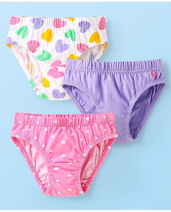 Babyhug 100% Cotton Single Jersey Knit Panties With Polka Dots & Heart Print - Purple White & Pink