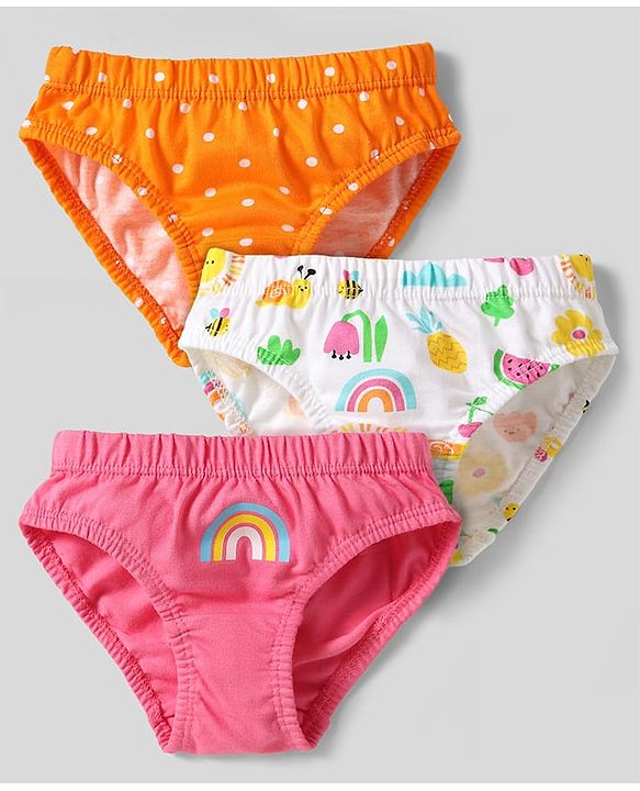 Babyhug 100% Cotton Panties With Polka Dots & Rainbow Print Pack Of 3 - Orange White & Dark Pink