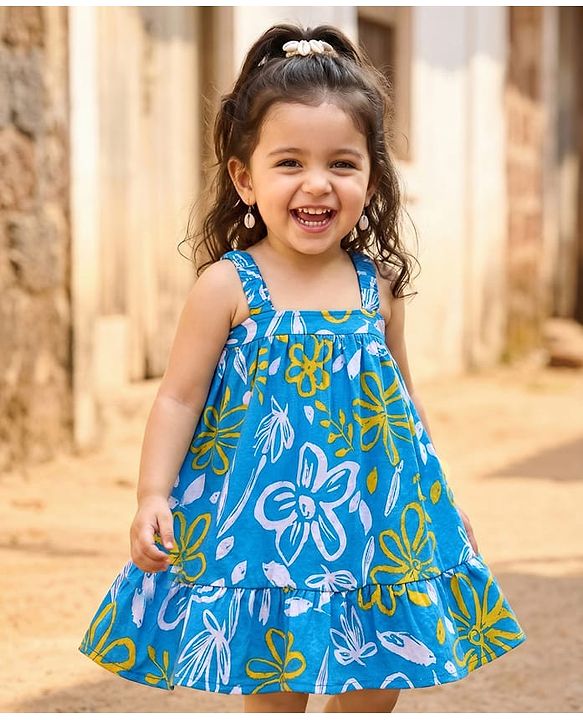 Babyhug Single Jersey Knit Sleeveless Frock with Floral Print - Blue