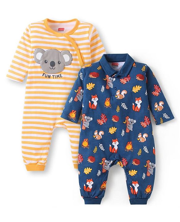 Babyhug 100% Cotton Knit Rompers with Stripes & Animal Print Pack of 2 - Yellow & Navy Blue