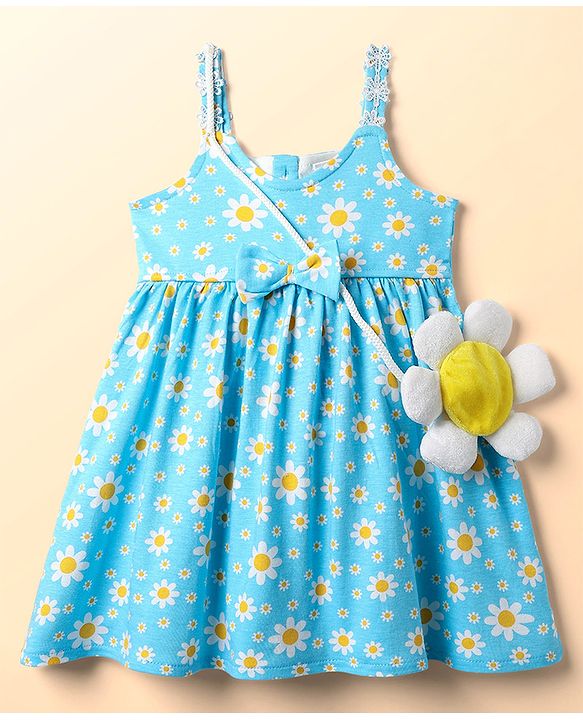 Babyhug Single Jersey Knit Sleeveless Floral Printed Frock with Sling Bag & Bow Applique - Light Blue