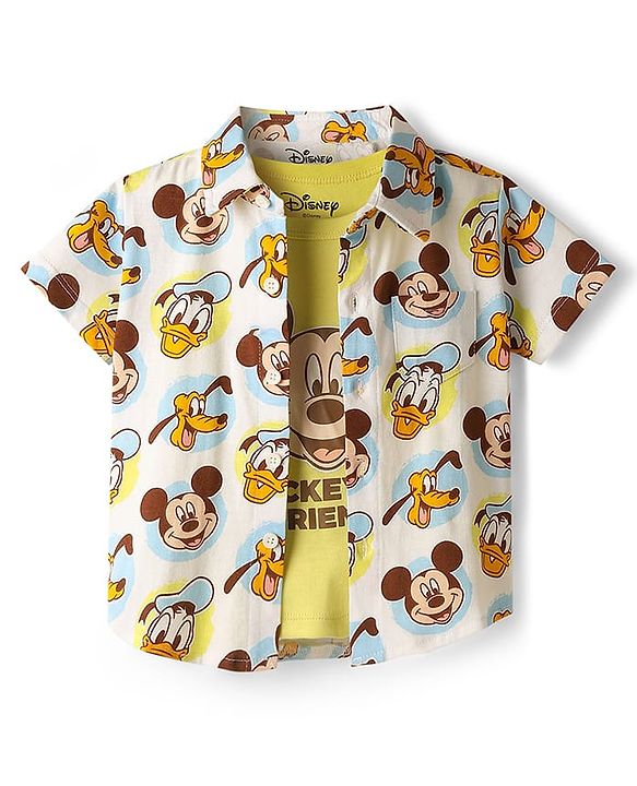 Babyhug Disney Single Jersey Knit Half Sleeves Shirt with Sleeveless Inner Tee & Denim Shorts Set with Mickey Mouse Graphics - Multicolor