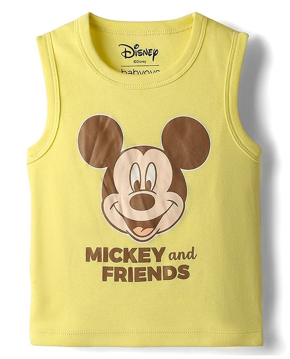 Babyhug Disney Single Jersey Knit Half Sleeves Shirt with Sleeveless Inner Tee & Denim Shorts Set with Mickey Mouse Graphics - Multicolor