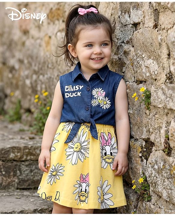Babyhug Disney 100% Cotton Sleeveless Frock With Minnie Mouse Family Graphics - Yellow & Navy Blue
