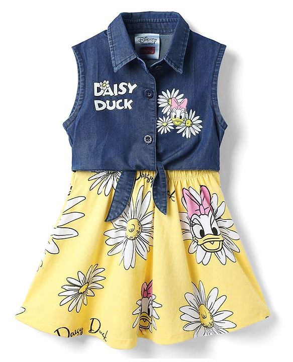 Babyhug Disney 100% Cotton Sleeveless Frock With Minnie Mouse Family Graphics - Yellow & Navy Blue