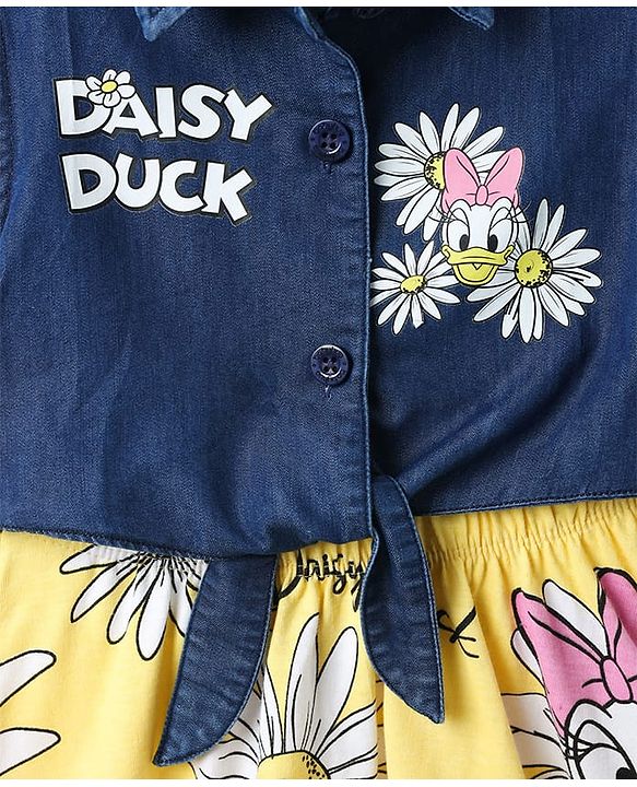 Babyhug Disney 100% Cotton Sleeveless Frock With Minnie Mouse Family Graphics - Yellow & Navy Blue
