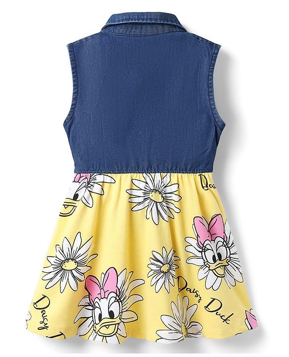 Babyhug Disney 100% Cotton Sleeveless Frock With Minnie Mouse Family Graphics - Yellow & Navy Blue