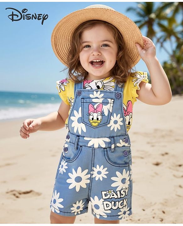 Babyhug Disney Single Jersey Knit Dungaree & Frill Sleeves Inner Tee With Minnie Mouse Family Graphics - Blue & Yellow