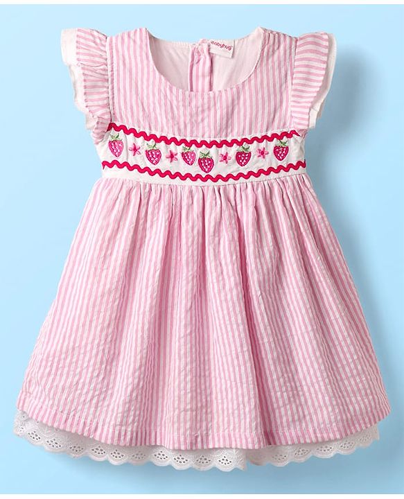 Babyhug Cotton Knit Half Sleeves  Frock With Strawberry Embroidery - Pink
