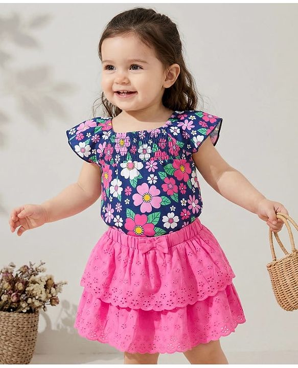 Babyhug Cotton Knit Full Sleeves Floral Printed Skivi T-Shirt with Lettuce Hem Detailing - Dark Pink