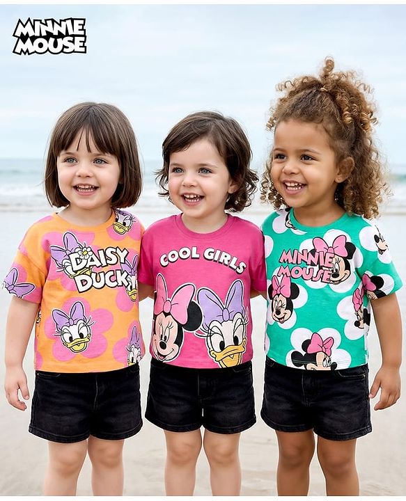 Babyhug Disney Single Jersey Knit Half Sleeves Oversized T-Shirts with Minnie Mouse Family Graphics Pack of 3 - Orange Pink & Mint