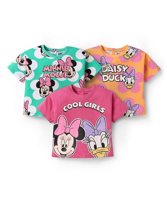 Babyhug Disney Single Jersey Knit Half Sleeves Oversized T-Shirts with Minnie Mouse Family Graphics Pack of 3 - Orange Pink & Mint