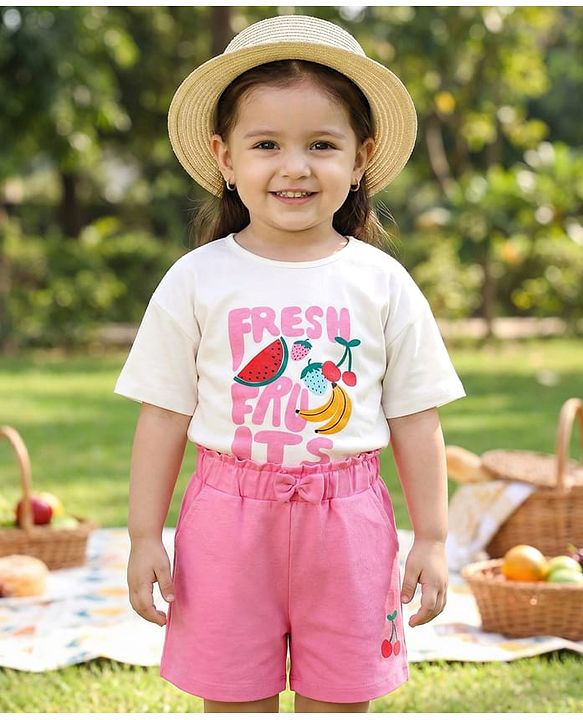 Babyhug Single Jersey Knit Half Sleeves Top & Shorts with Fruit Print - White & Pink