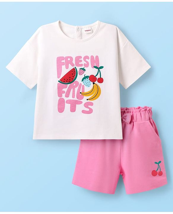 Babyhug Single Jersey Knit Half Sleeves Top & Shorts with Fruit Print - White & Pink