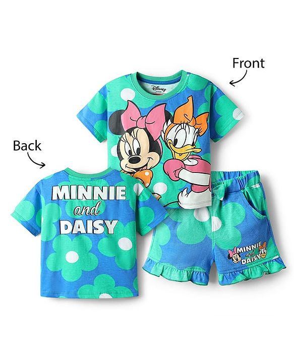 Babyhug Disney Single Jersey Knit Half Sleeves T-Shirt & Short Set With Front & Back Minnie Mouse Print - Sea Green