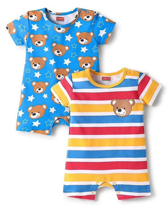 Babyhug Interlock Knit Half Sleeves Romper with Stripes & Animal Print  Pack of 2 - Blue & Yellow