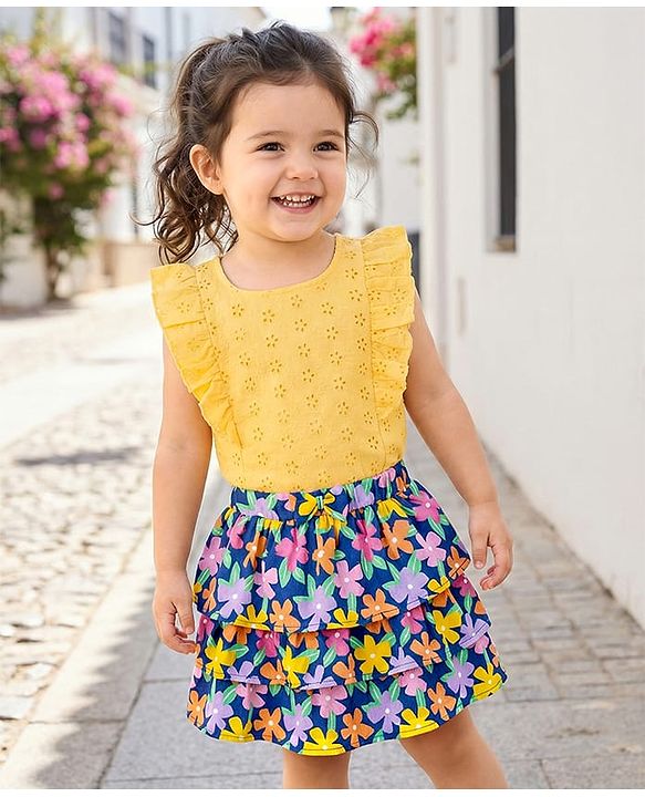Babyhug Single Jersey Knit Frill Sleeves Schiffli Top & Skirt Set with Floral Print - Yellow & Navy Blue