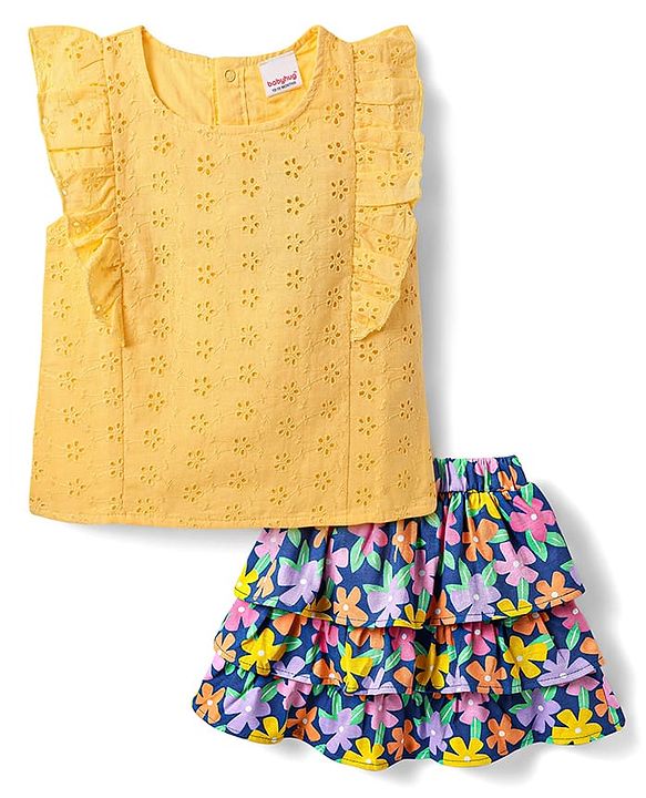 Babyhug Single Jersey Knit Frill Sleeves Schiffli Top & Skirt Set with Floral Print - Yellow & Navy Blue