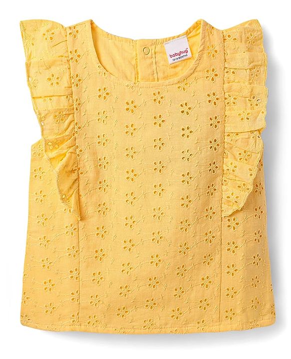 Babyhug Single Jersey Knit Frill Sleeves Schiffli Top & Skirt Set with Floral Print - Yellow & Navy Blue