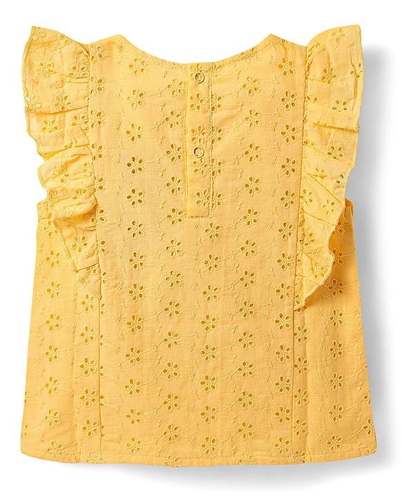 Babyhug Single Jersey Knit Frill Sleeves Schiffli Top & Skirt Set with Floral Print - Yellow & Navy Blue