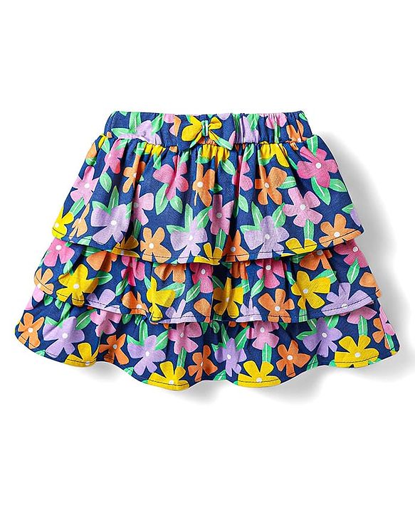 Babyhug Single Jersey Knit Frill Sleeves Schiffli Top & Skirt Set with Floral Print - Yellow & Navy Blue