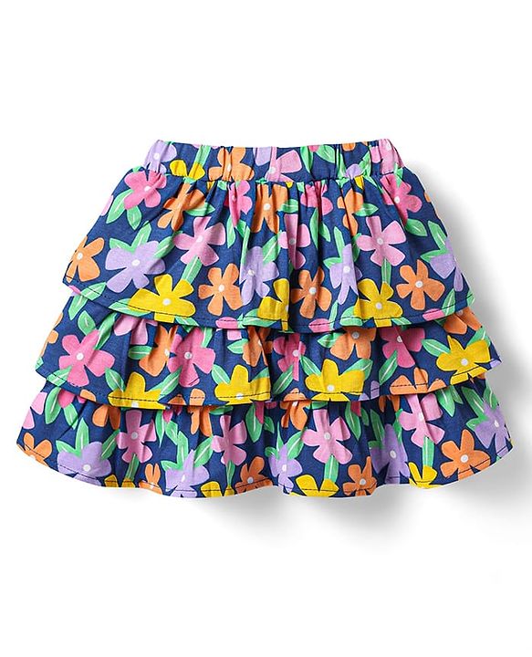 Babyhug Single Jersey Knit Frill Sleeves Schiffli Top & Skirt Set with Floral Print - Yellow & Navy Blue