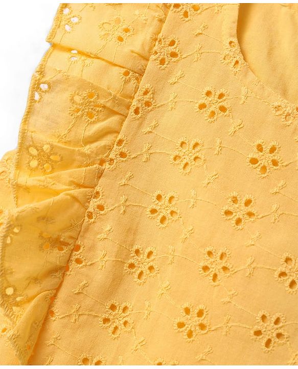Babyhug Single Jersey Knit Frill Sleeves Schiffli Top & Skirt Set with Floral Print - Yellow & Navy Blue