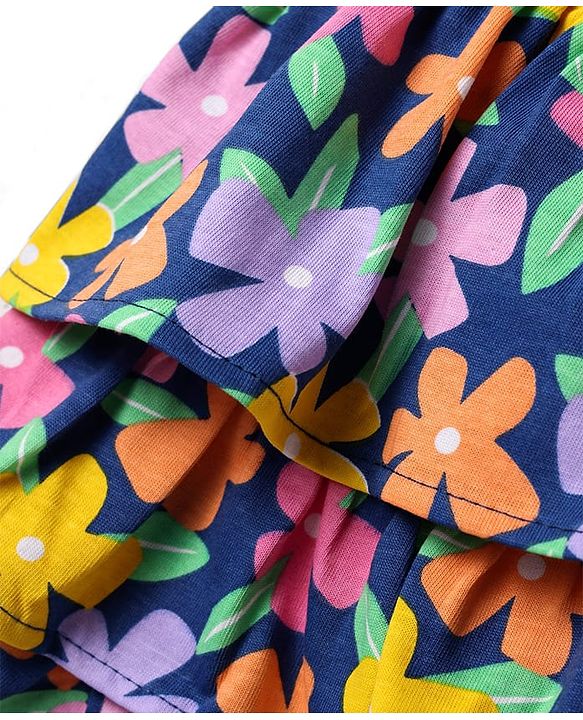 Babyhug Single Jersey Knit Frill Sleeves Schiffli Top & Skirt Set with Floral Print - Yellow & Navy Blue