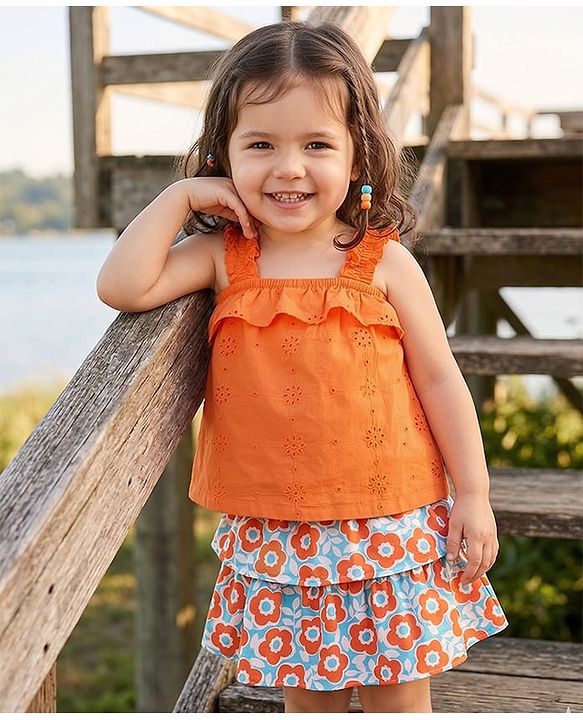 Babyhug Single Jersey Knit Sleeveless Top and Skirt Set with Floral Print - Orange & Blue