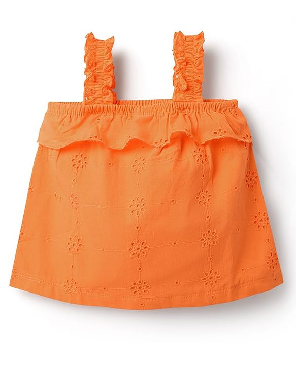 Babyhug Single Jersey Knit Sleeveless Top and Skirt Set with Floral Print - Orange & Blue