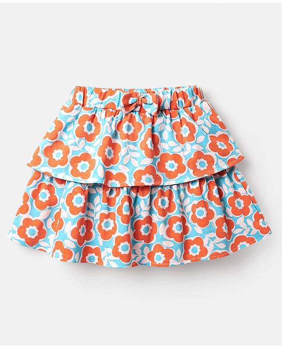 Babyhug Single Jersey Knit Sleeveless Top and Skirt Set with Floral Print - Orange & Blue