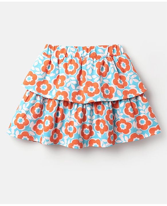 Babyhug Single Jersey Knit Sleeveless Top and Skirt Set with Floral Print - Orange & Blue