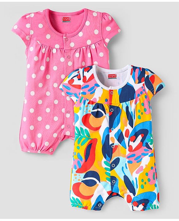 Babyhug Interlock Knit Half Sleeves Romper with Polka Dot & Abstract Print  Pack of 2 - Pink & Blue