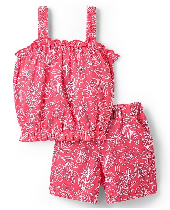 Babyhug SIngle Jersey Knit Sleeveless Top & Shorts with Floral Print - Red