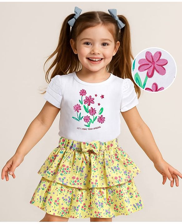 Babyhug Single Jersey Knit Half Sleeves Top & Skirt Set with Floral Print & Bow Applique - Yellow & White