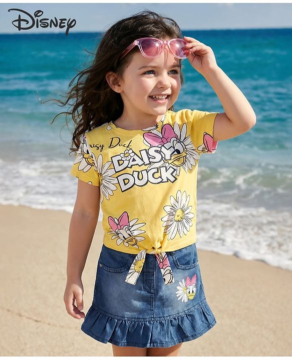 Babyhug 100% Cotton Knit Half Sleeves Top with Frill Detailing & Floral Print - Blue & Pink main image 1