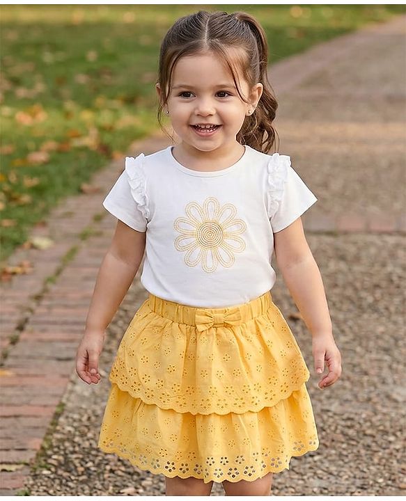 Babyhug Single Jersey Knit Half Sleeves Top & Schiffli Skirt Set With Floral Embroidery & Bow Applique - White & Yellow