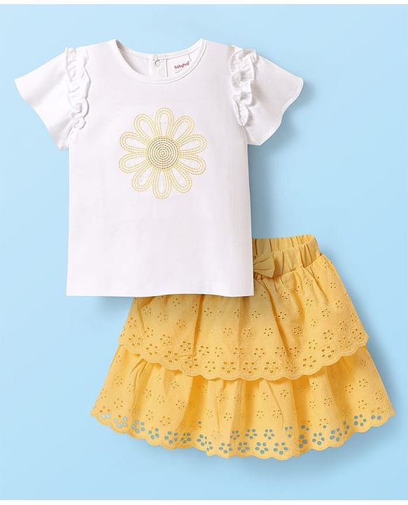 Babyhug Single Jersey Knit Half Sleeves Top & Schiffli Skirt Set With Floral Embroidery & Bow Applique - White & Yellow