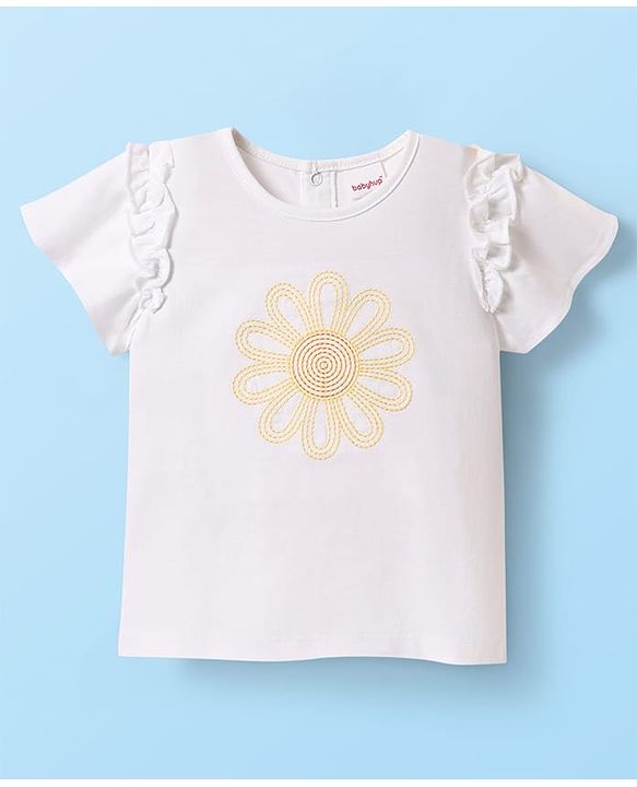 Babyhug Single Jersey Knit Half Sleeves Top & Schiffli Skirt Set With Floral Embroidery & Bow Applique - White & Yellow