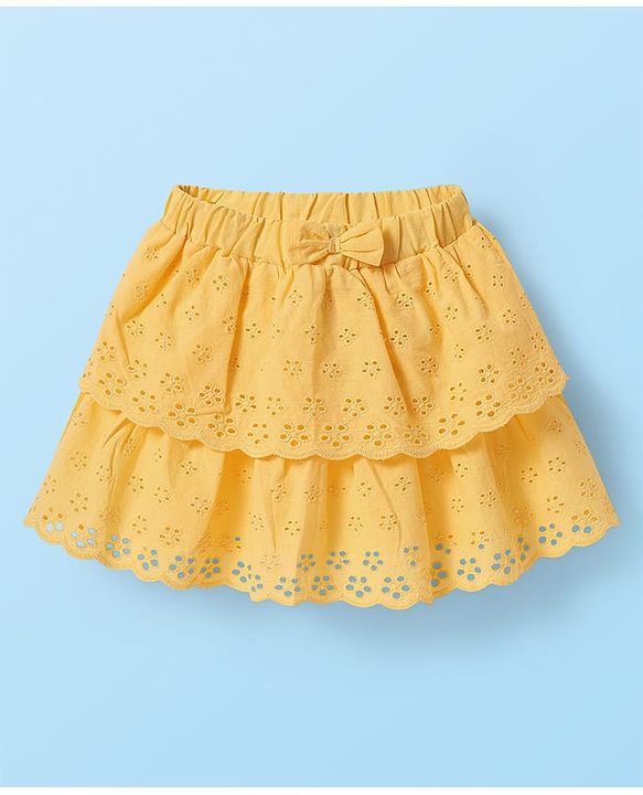 Babyhug Single Jersey Knit Half Sleeves Top & Schiffli Skirt Set With Floral Embroidery & Bow Applique - White & Yellow