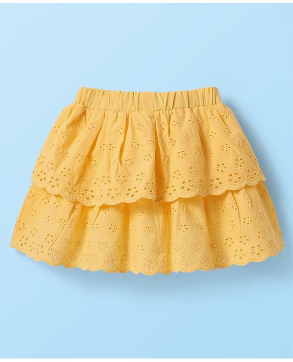 Babyhug Single Jersey Knit Half Sleeves Top & Schiffli Skirt Set With Floral Embroidery & Bow Applique - White & Yellow