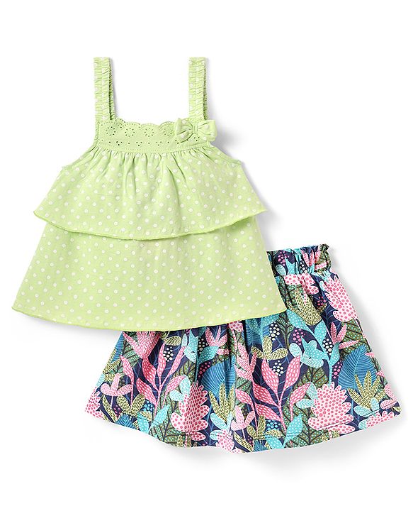 Babyhug Schiffili Knit Sleeveless  Top & Skirt Set Polka Dots & Floral Print with Bow Applique - Green Blue & Pink
