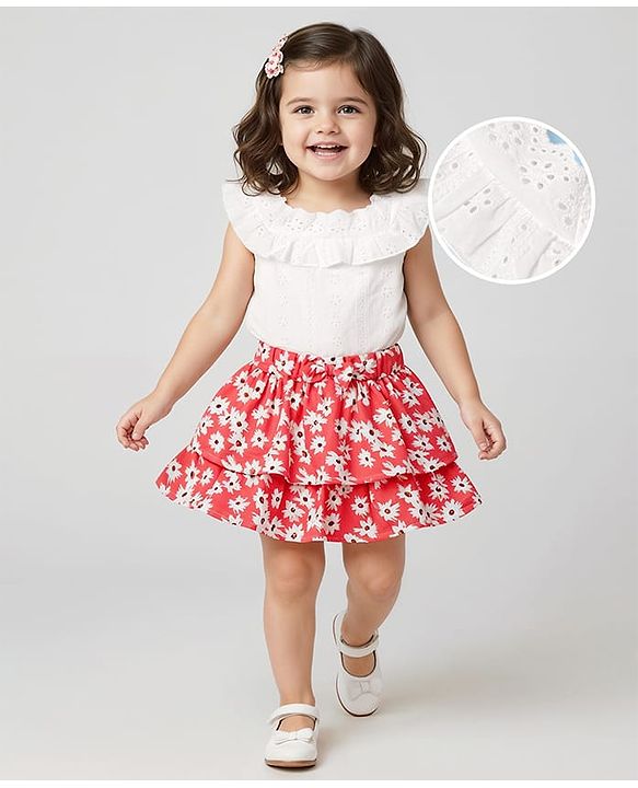 Babyhug Schiffili Knit Sleeveless Top & Skirt with Floral Print - White & Red