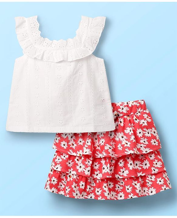 Babyhug Schiffili 100% Cotton Knit Sleeveless Top & Skirt with Floral Print - White & Red